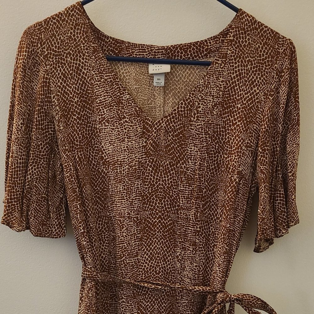 a new day XS Giraffe Print Linen Dress with Tie and Pockets